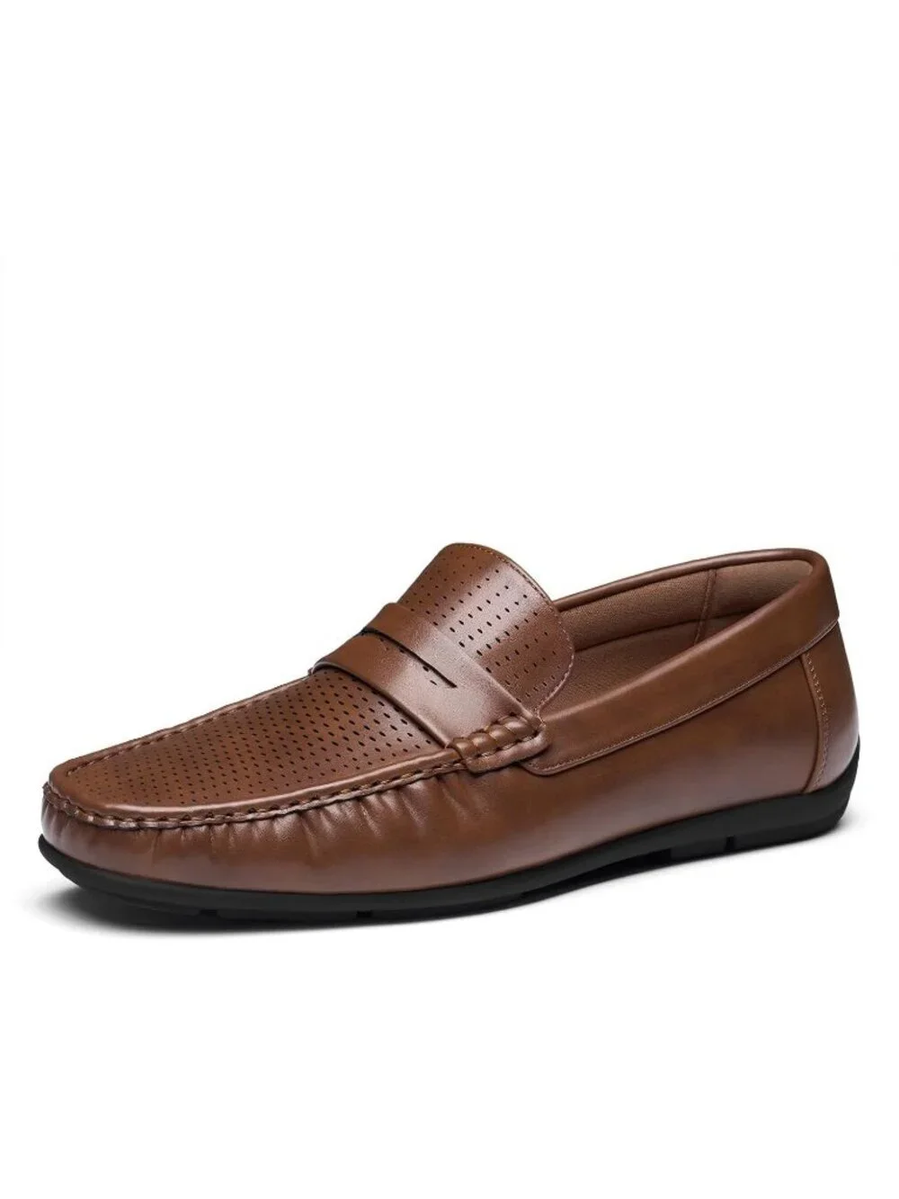 HEEZ Men's Brown Perforated Faux Leather Penny Loafers Slip On Driving Shoes